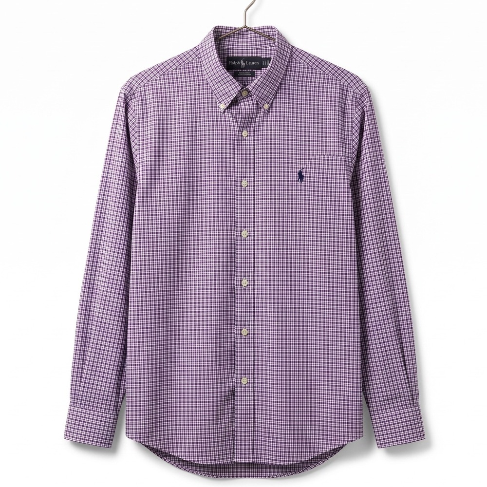 Ralph Lauren Mens XL Purple White Plaid Stretch Button Down Shirt Pony Logo